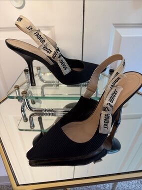 J’Adior Dior Black Pointed Slingback Heels with J'Adior Ribbon 38.5